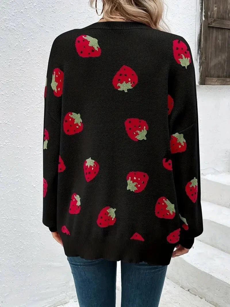 Women's Strawberry Knit Cardigan — Oversized Button Front 10