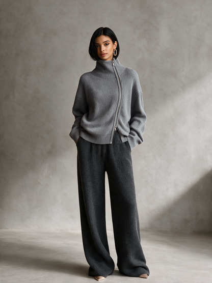 Women's Grey Oversized Rib Knit Sweater Diagonal Zip Funnel Neck 5