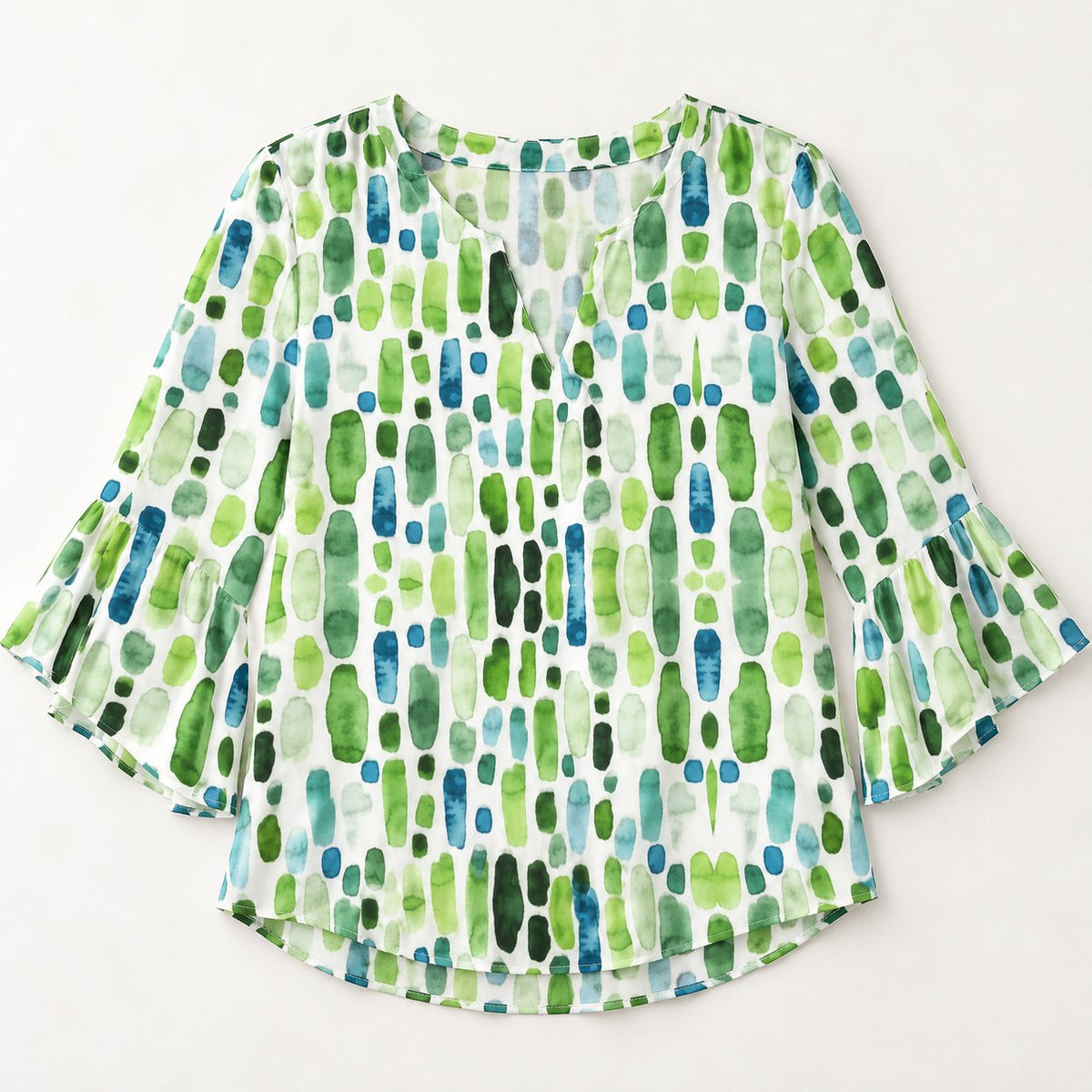 Damen Bluse V-Ausschnitt mit Print — 3/4 Glockenärmel 3