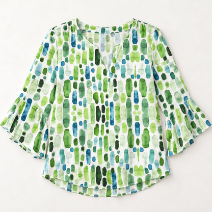 Damen Bluse V-Ausschnitt mit Print — 3/4 Glockenärmel 3