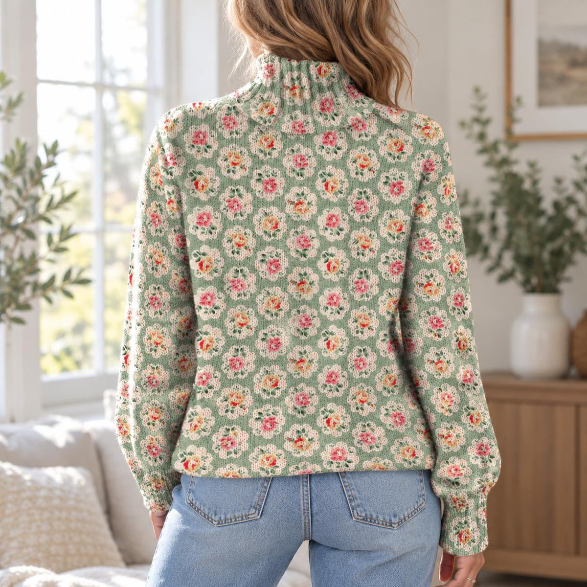 Damen Pullover mit Stehkragen & Blumendruck 2