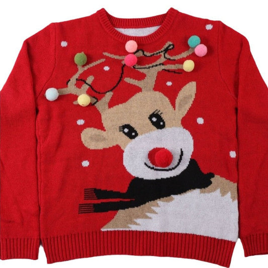 Weihnachtspullover Damen mit 3D-Rentier & Pom-Poms 1