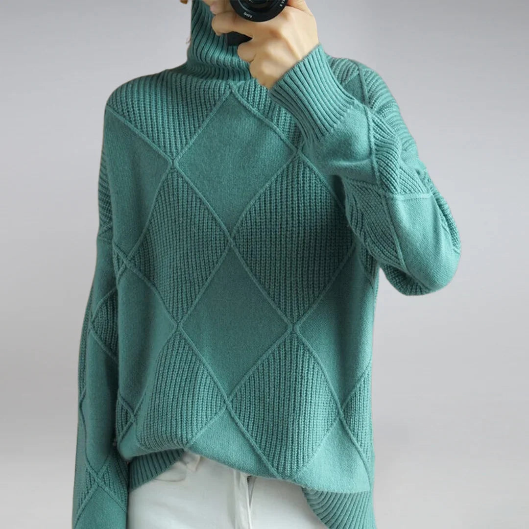 Women's Turtleneck Sweater Argyle Pattern — 100% Wool Regular Fit 8
