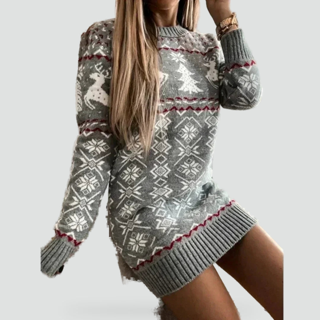 Knit Christmas Dress Women – Reindeer Print Long Sleeve Mini 1