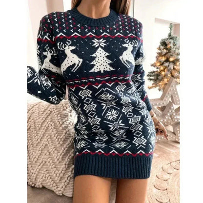 Knit Christmas Dress Women – Reindeer Print Long Sleeve Mini 2
