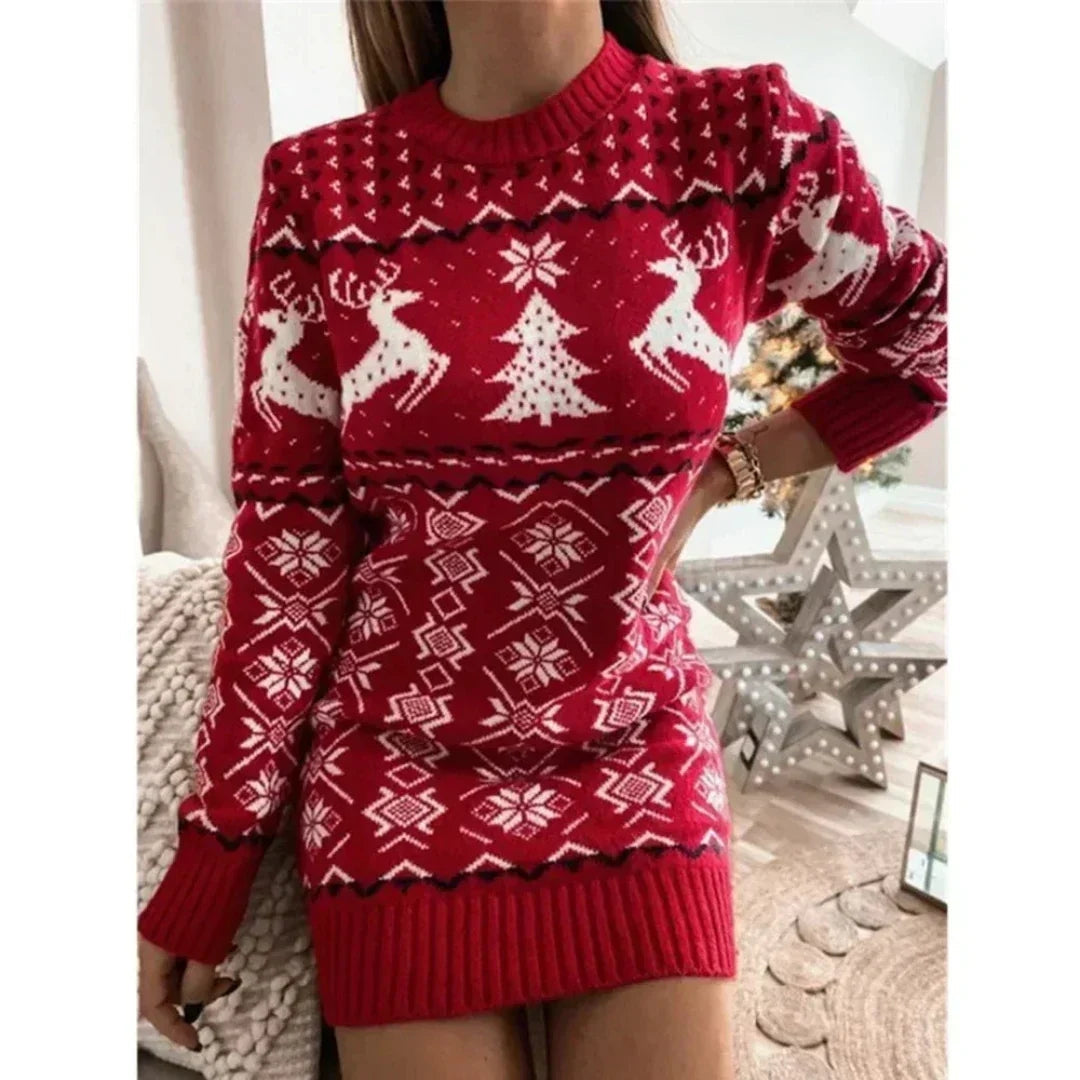 Knit Christmas Dress Women – Reindeer Print Long Sleeve Mini 3
