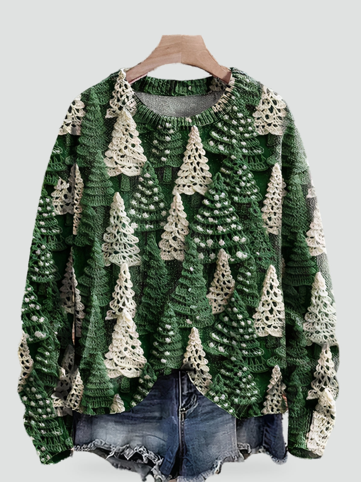 Women's Christmas Sweater Round Neck — Xmas Tree Print Knit 1