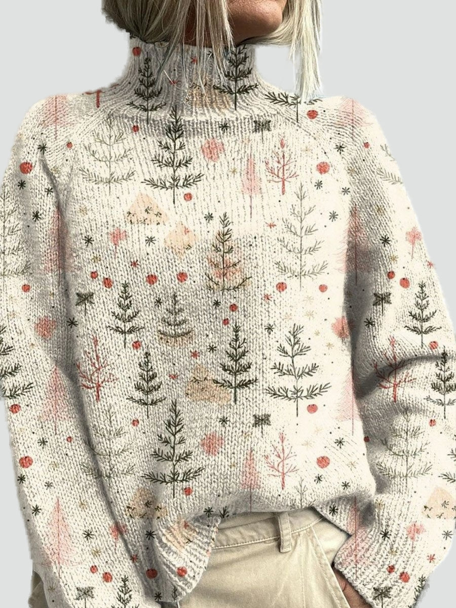 Women's Christmas Sweater with Turtleneck — Xmas Tree Print 1