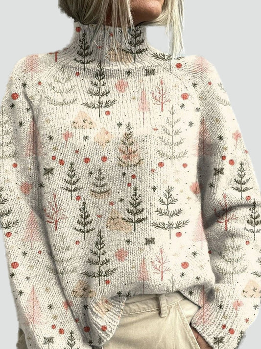 Women's Christmas Sweater with Turtleneck — Xmas Tree Print 1