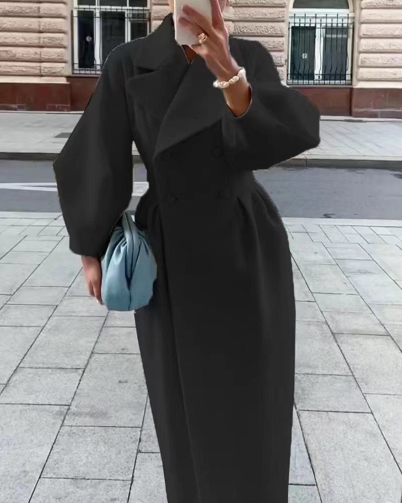 Women's Wool Coat with Puff Sleeves — Elegant Maxi Winter Coat 4