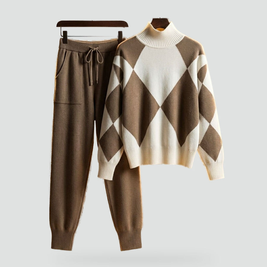 Damen Strick-Loungewear-Set mit Rollkragen und Rautenmuster