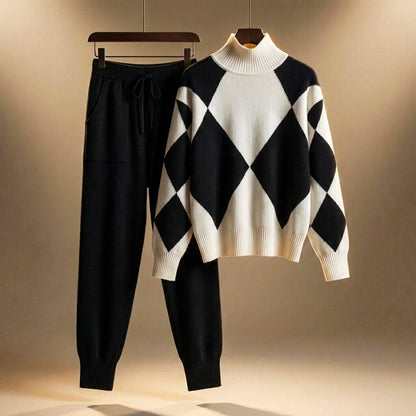 Women Knit Lounge Set — Turtleneck & Diamond Pattern 2