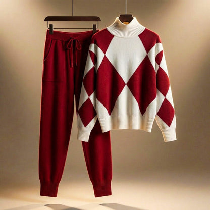 Women Knit Lounge Set — Turtleneck & Diamond Pattern 3