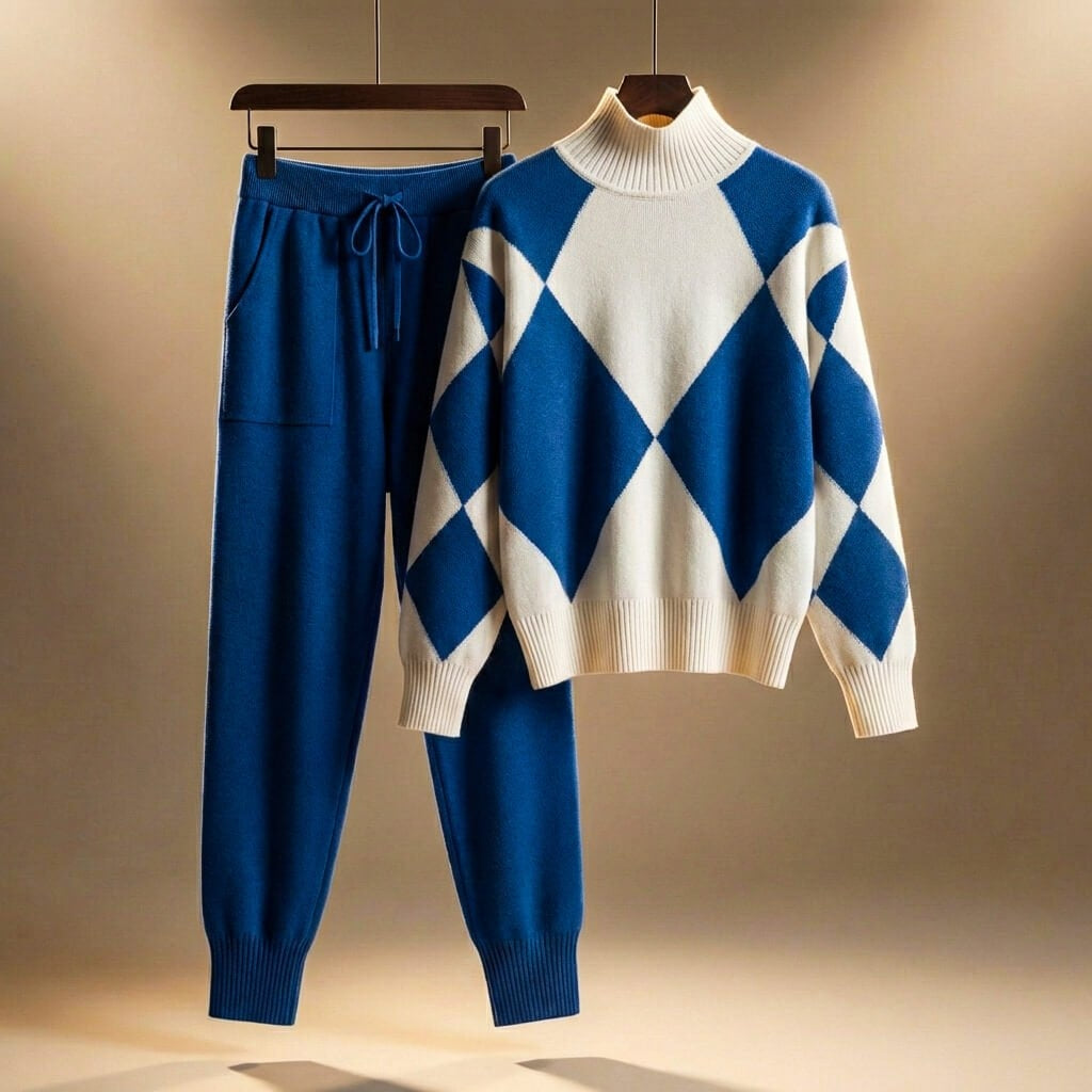 Women Knit Lounge Set — Turtleneck & Diamond Pattern 4