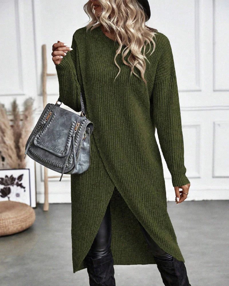 Women's Long Knit Dress — Chunky Wrap Look Asymmetric Hem 1