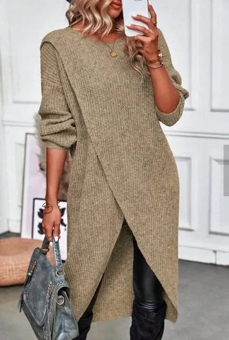 Women's Long Knit Dress — Chunky Wrap Look Asymmetric Hem 11