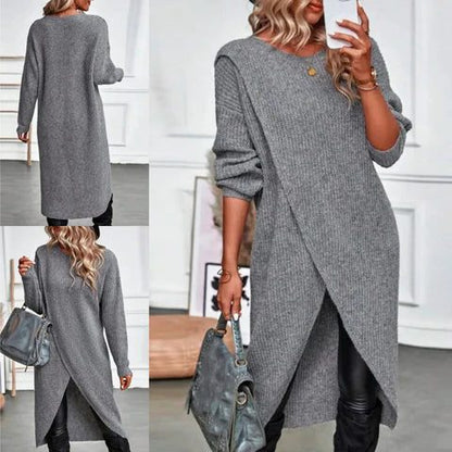Women's Long Knit Dress — Chunky Wrap Look Asymmetric Hem 12