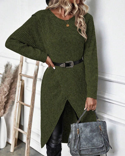 Women's Long Knit Dress — Chunky Wrap Look Asymmetric Hem 2