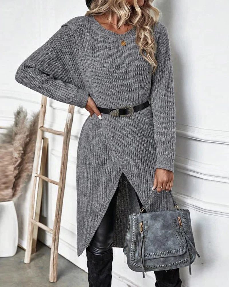 Women's Long Knit Dress — Chunky Wrap Look Asymmetric Hem 4