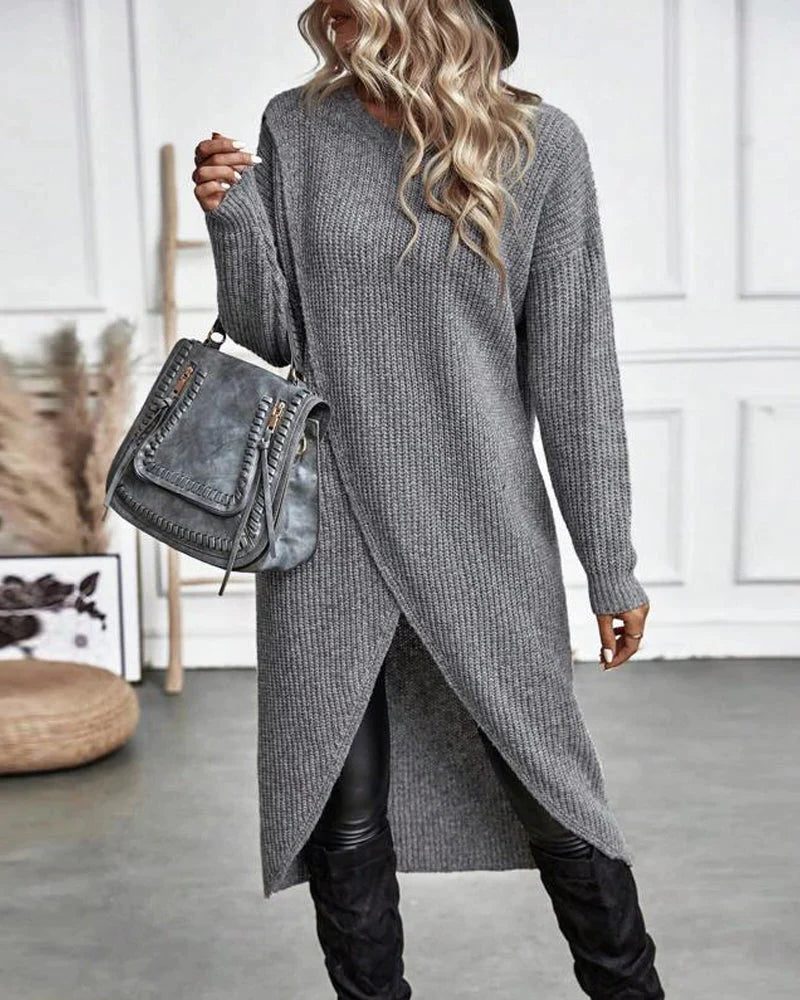 Women's Long Knit Dress — Chunky Wrap Look Asymmetric Hem 5