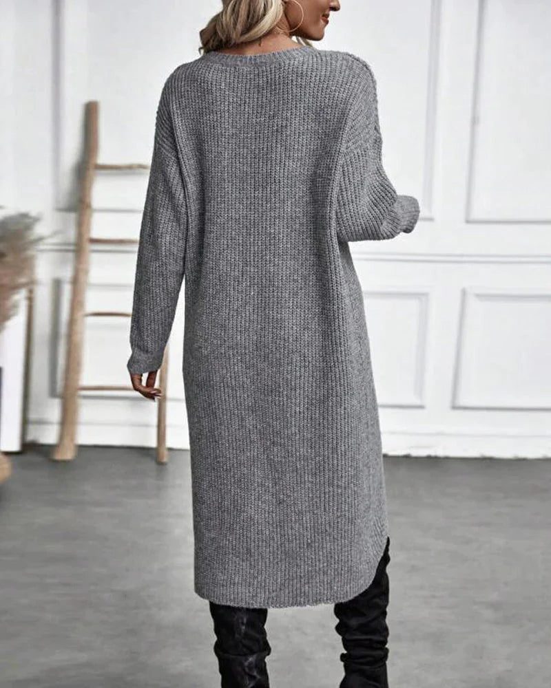 Women's Long Knit Dress — Chunky Wrap Look Asymmetric Hem 7