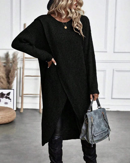 Women's Long Knit Dress — Chunky Wrap Look Asymmetric Hem 9