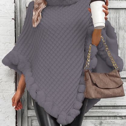 Women's Faux Fur Trim Poncho — Oversized Turtleneck Batwing Knit 13