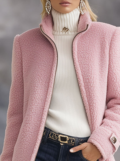 Women's Vintage Fleece Zip-Up Jacket — Relaxed Fit Stand Collar 7