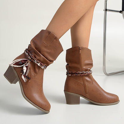 Women's Slouch Ankle Boots — Braided Strap & Block Heel 4