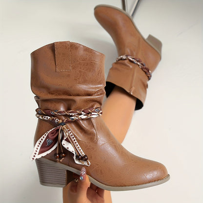 Women's Slouch Ankle Boots — Braided Strap & Block Heel 8