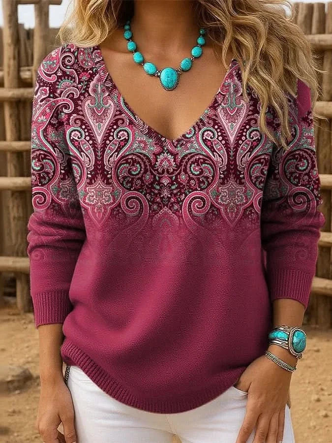 Damen Pullover V-Ausschnitt mit Paisleymuster & Farbverlauf 5