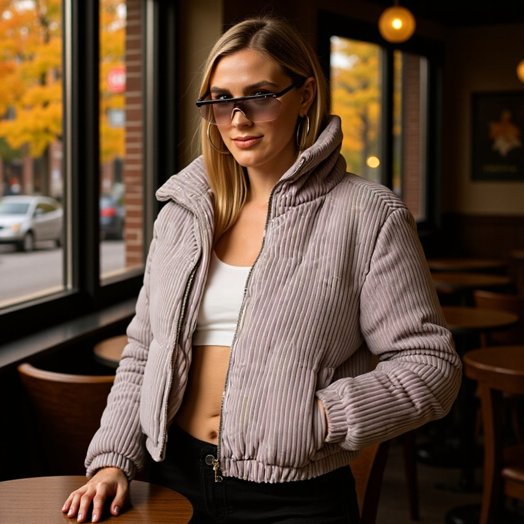 Women's Quilted Corduroy Winter Jacket — High Collar 1
