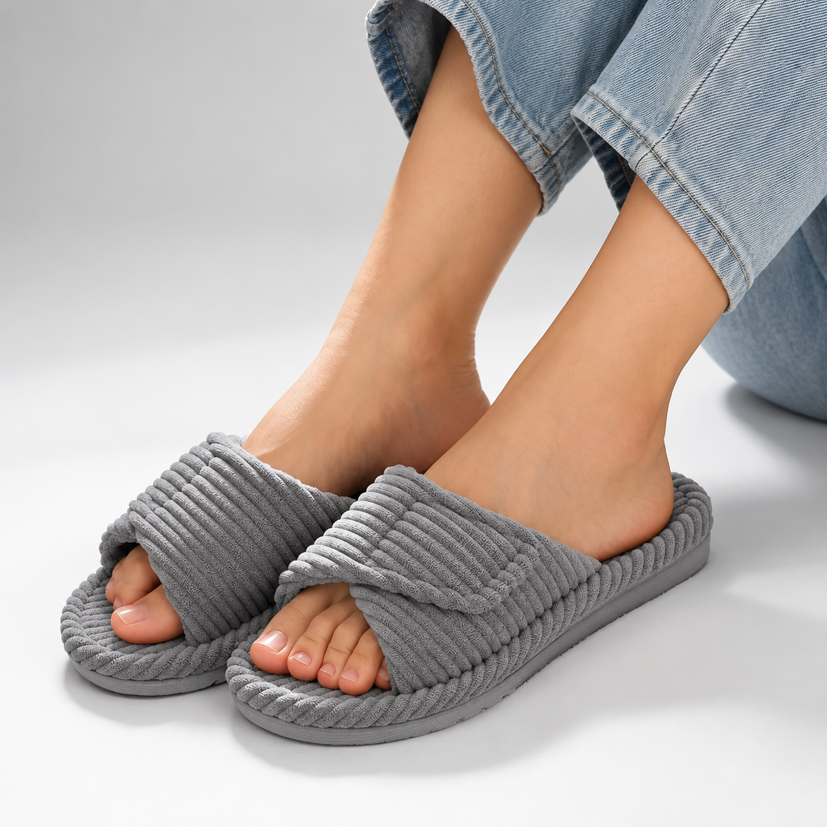 Women's Corduroy Slide Slippers — Padded Cross-Strap Indoor 5