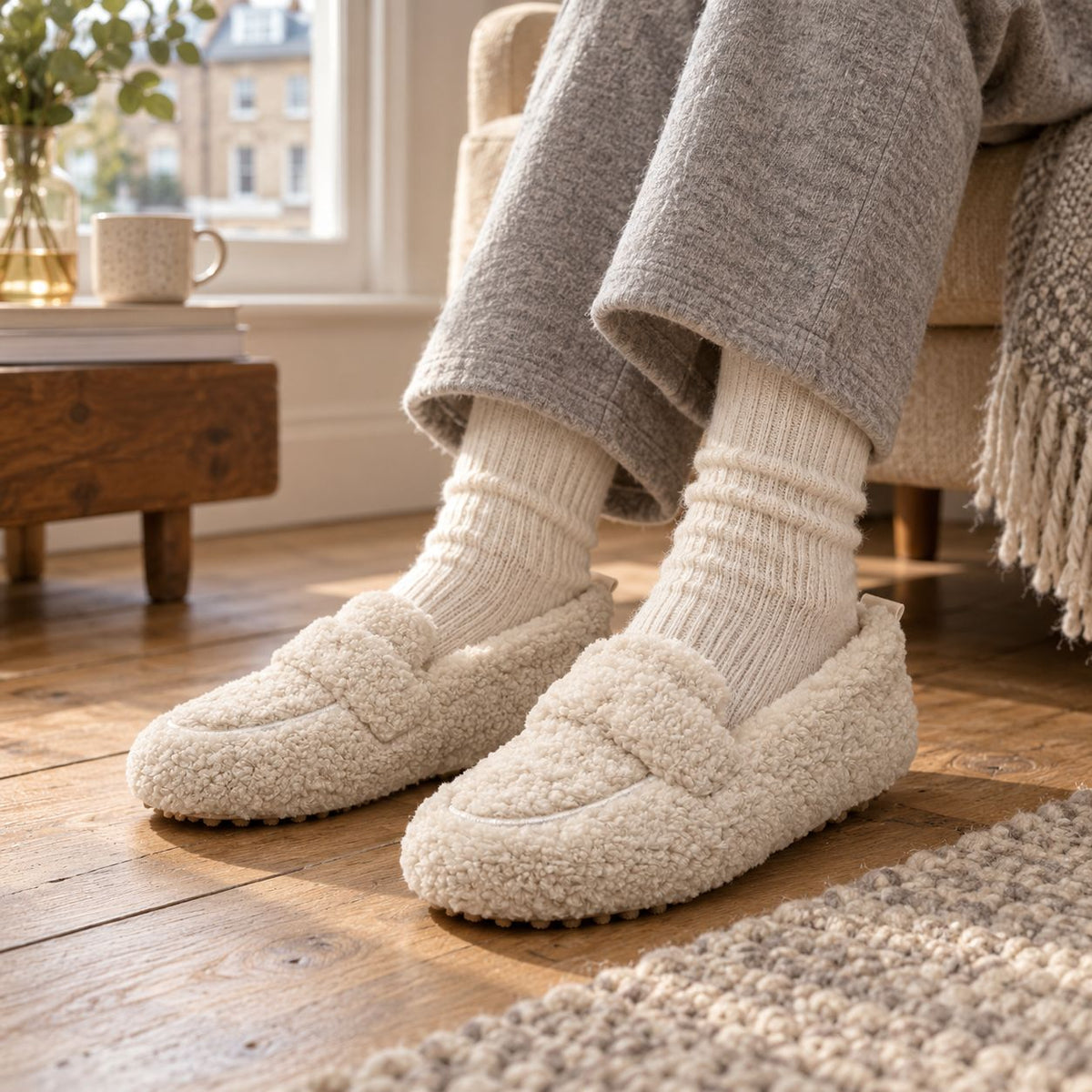 Teddy Fleece Hausschuhe in Beige