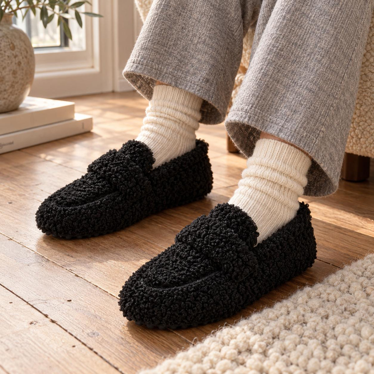 Teddy Fleece Hausschuhe in Schwarz