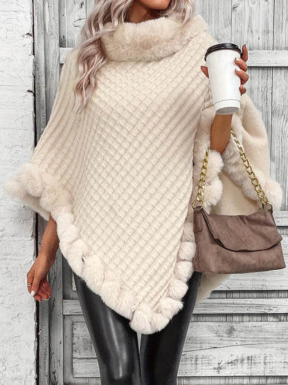 Women's Faux Fur Trim Poncho — Oversized Turtleneck Batwing Knit 1