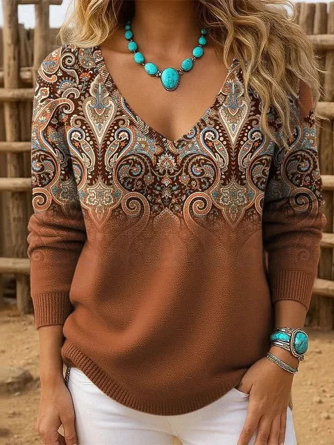 Damen Pullover V-Ausschnitt mit Paisleymuster & Farbverlauf 1