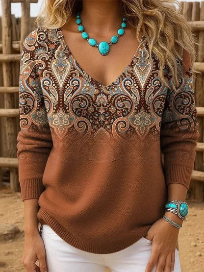 Damen Pullover V-Ausschnitt mit Paisleymuster & Farbverlauf 1
