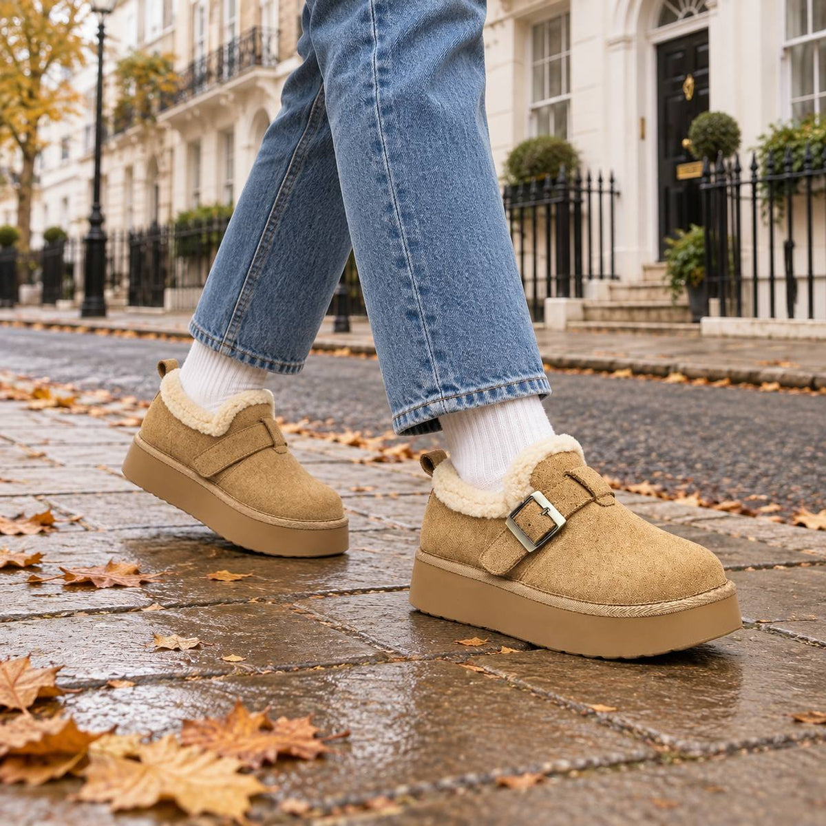 Fleece-Gefütterte Slip-On Mule Sneaker mit Dicker Sohle in Khaki