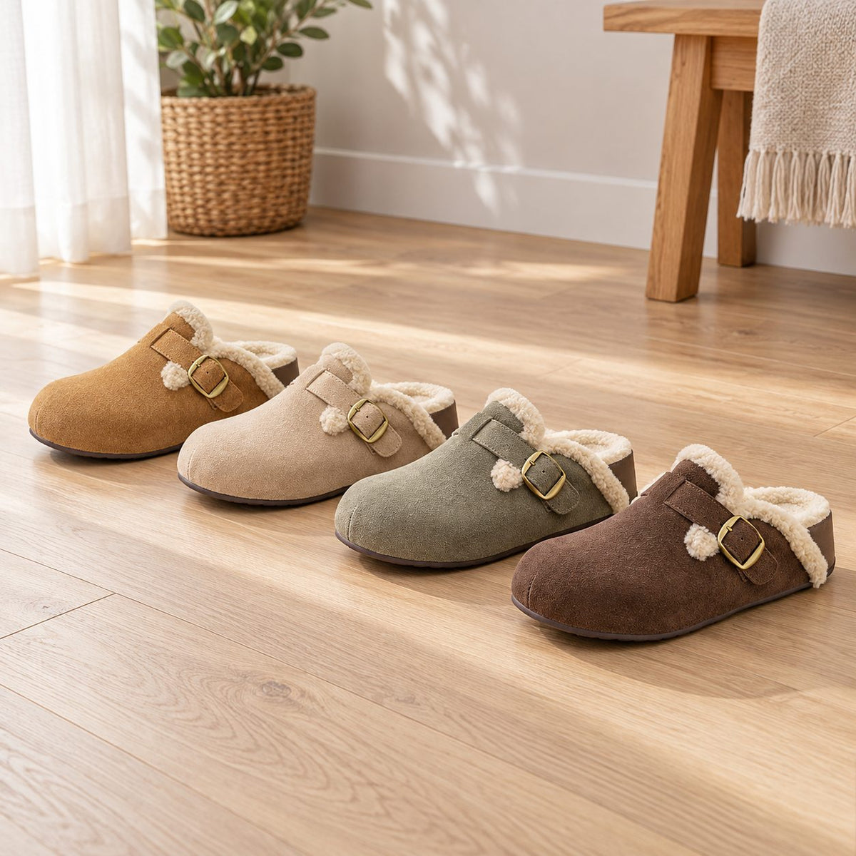 Fleece-Gefütterte Velours-Clog Mules in Aprikose