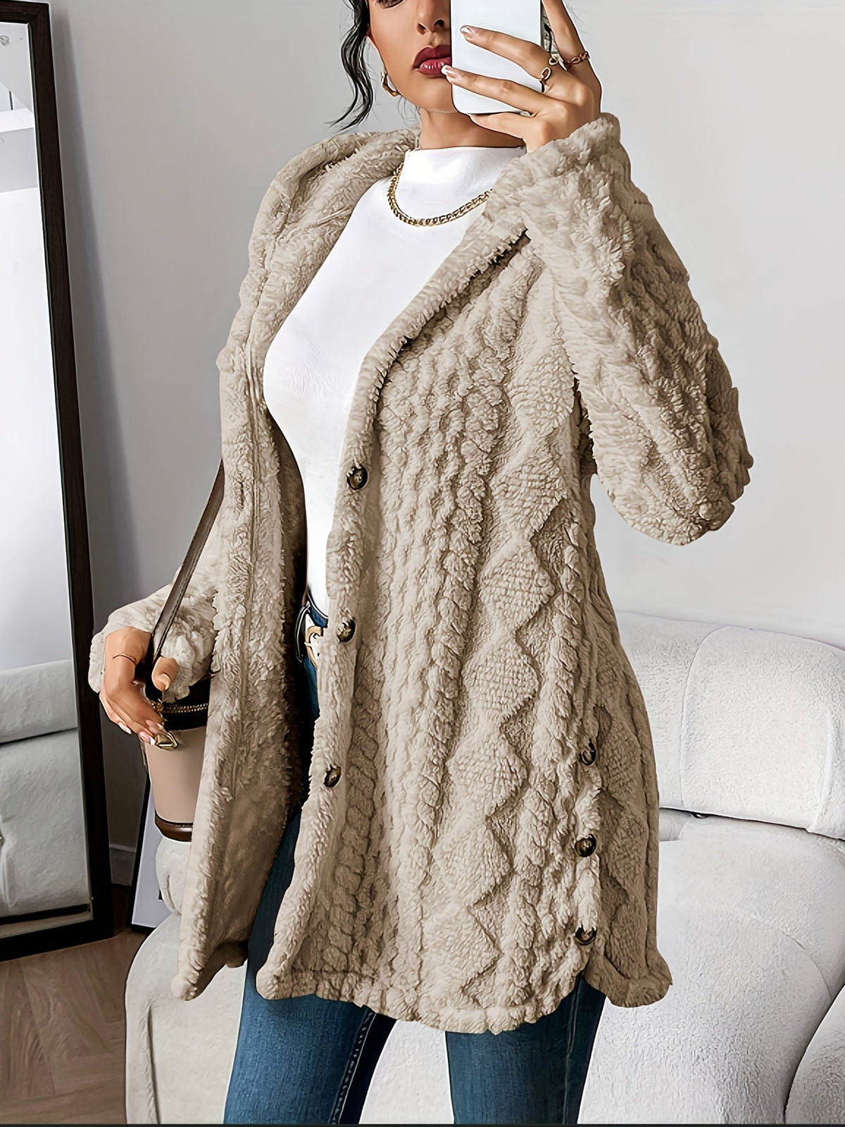 Women's Fleece Cardigan with Hood & Cable Knit Pattern | S–3XL 12
