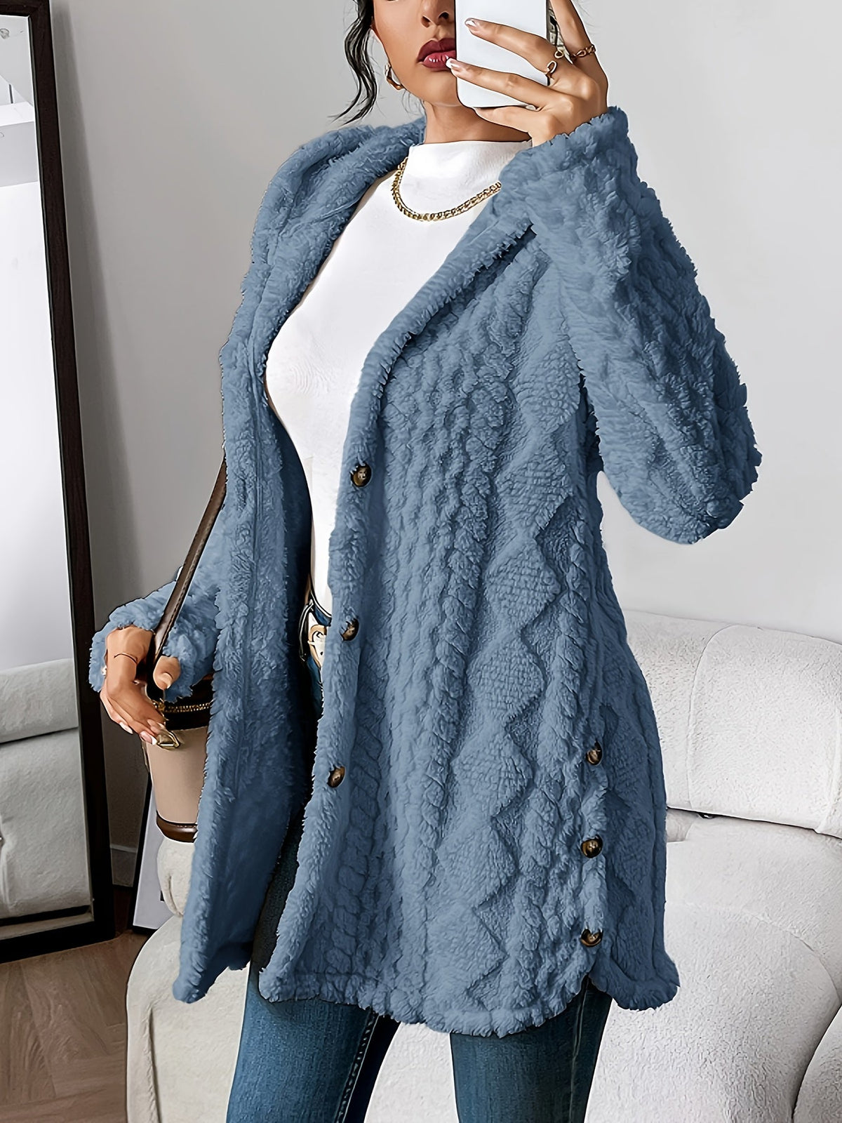 Women's Fleece Cardigan with Hood & Cable Knit Pattern | S–3XL 3