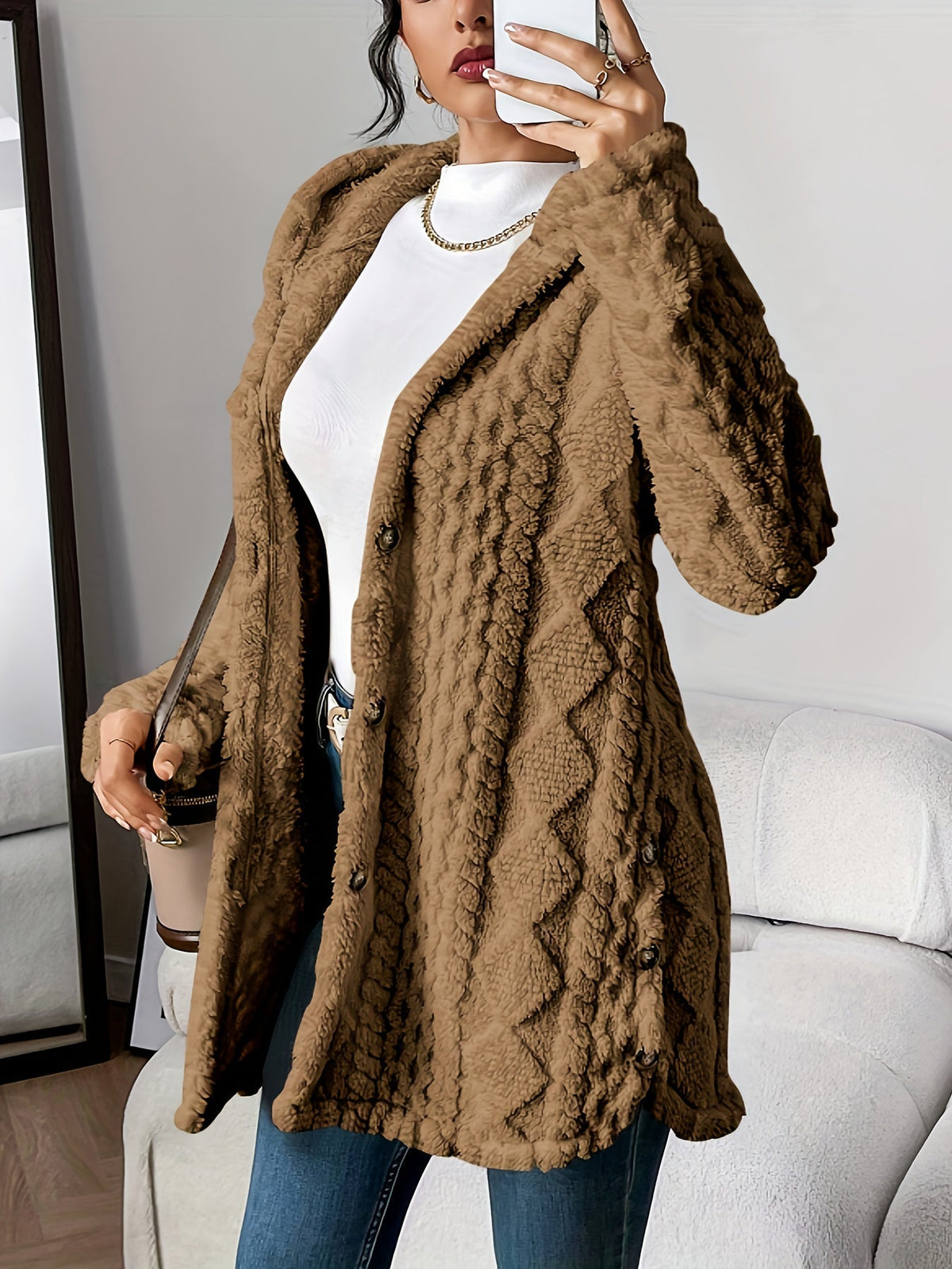 Women's Fleece Cardigan with Hood & Cable Knit Pattern | S–3XL 4