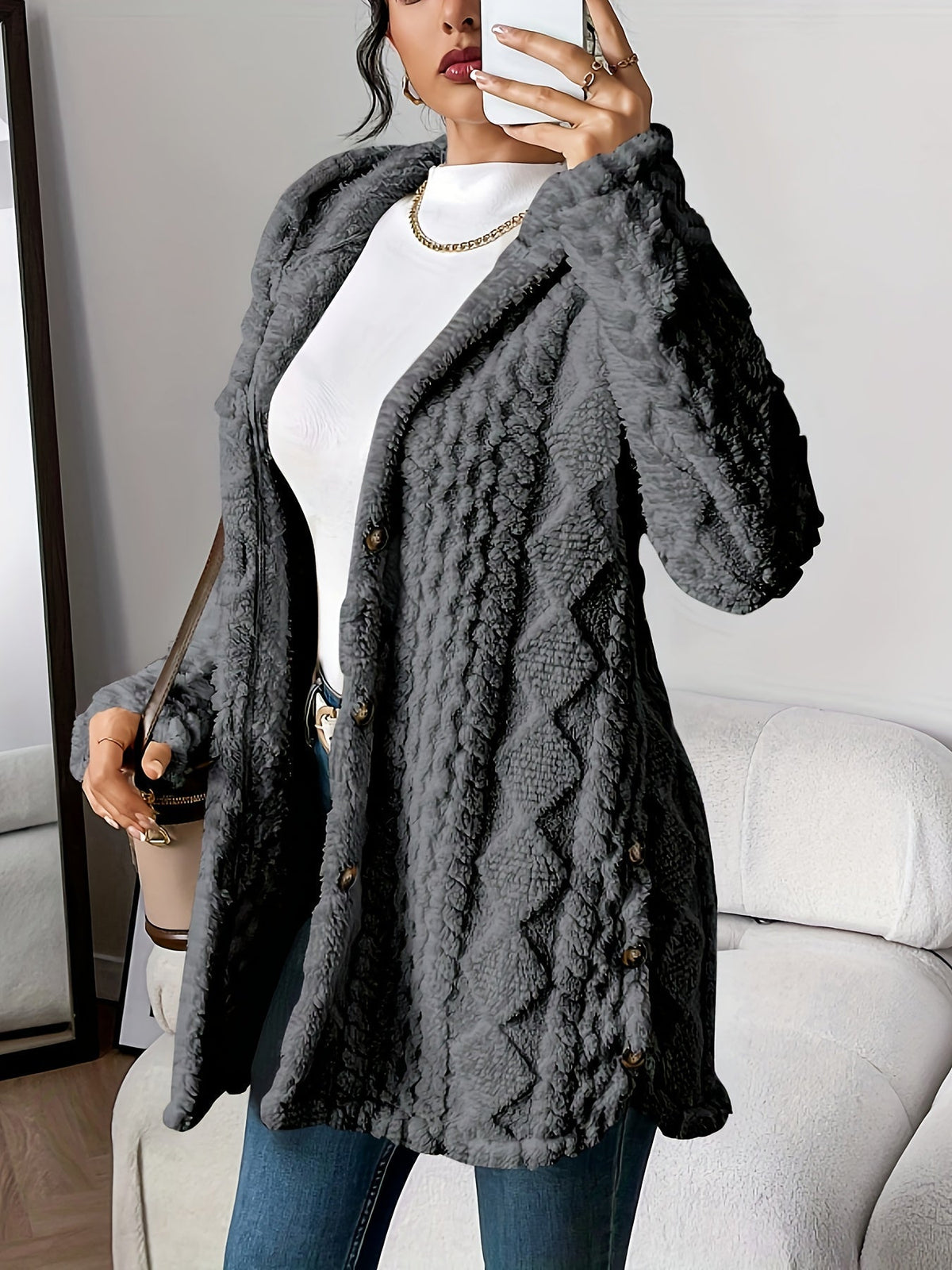 Women's Fleece Cardigan with Hood & Cable Knit Pattern | S–3XL 5