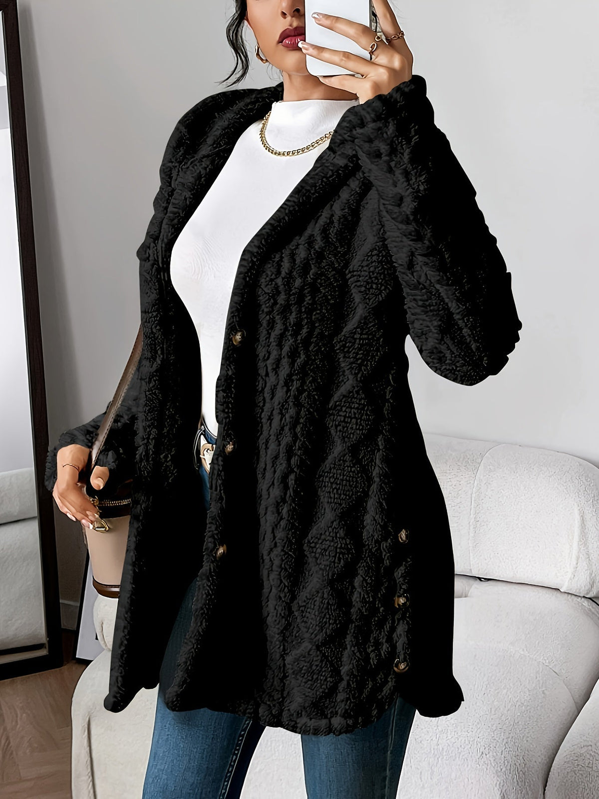 Women's Fleece Cardigan with Hood & Cable Knit Pattern | S–3XL 6