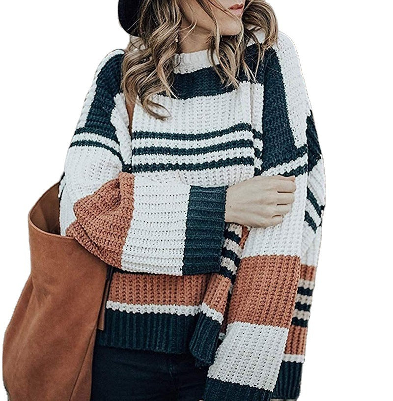 Women's Oversized Knit Sweater Block Stripes & Waffle Texture 1