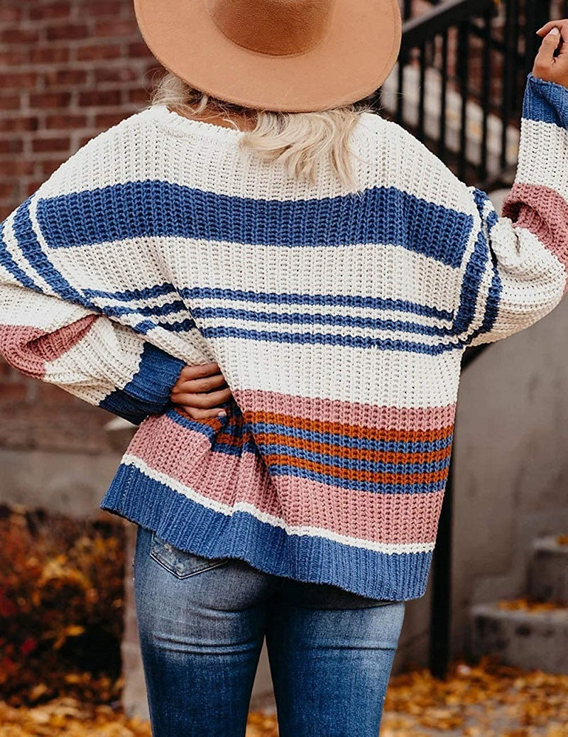 Women's Oversized Knit Sweater Block Stripes & Waffle Texture 3
