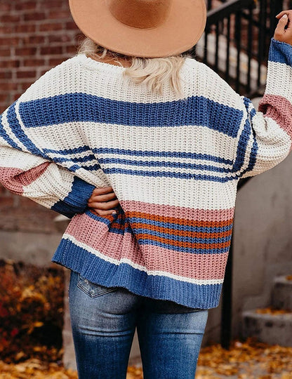 Women's Oversized Knit Sweater Block Stripes & Waffle Texture 3