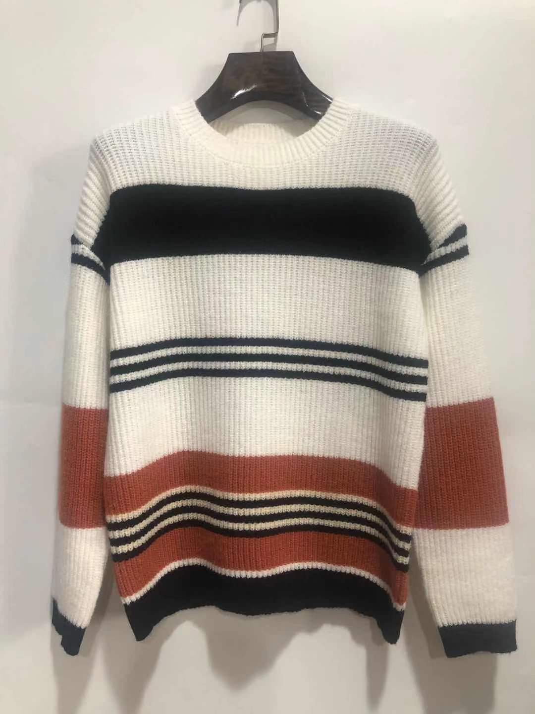 Women's Oversized Knit Sweater Block Stripes & Waffle Texture 4
