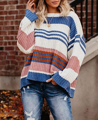 Women's Oversized Knit Sweater Block Stripes & Waffle Texture 6